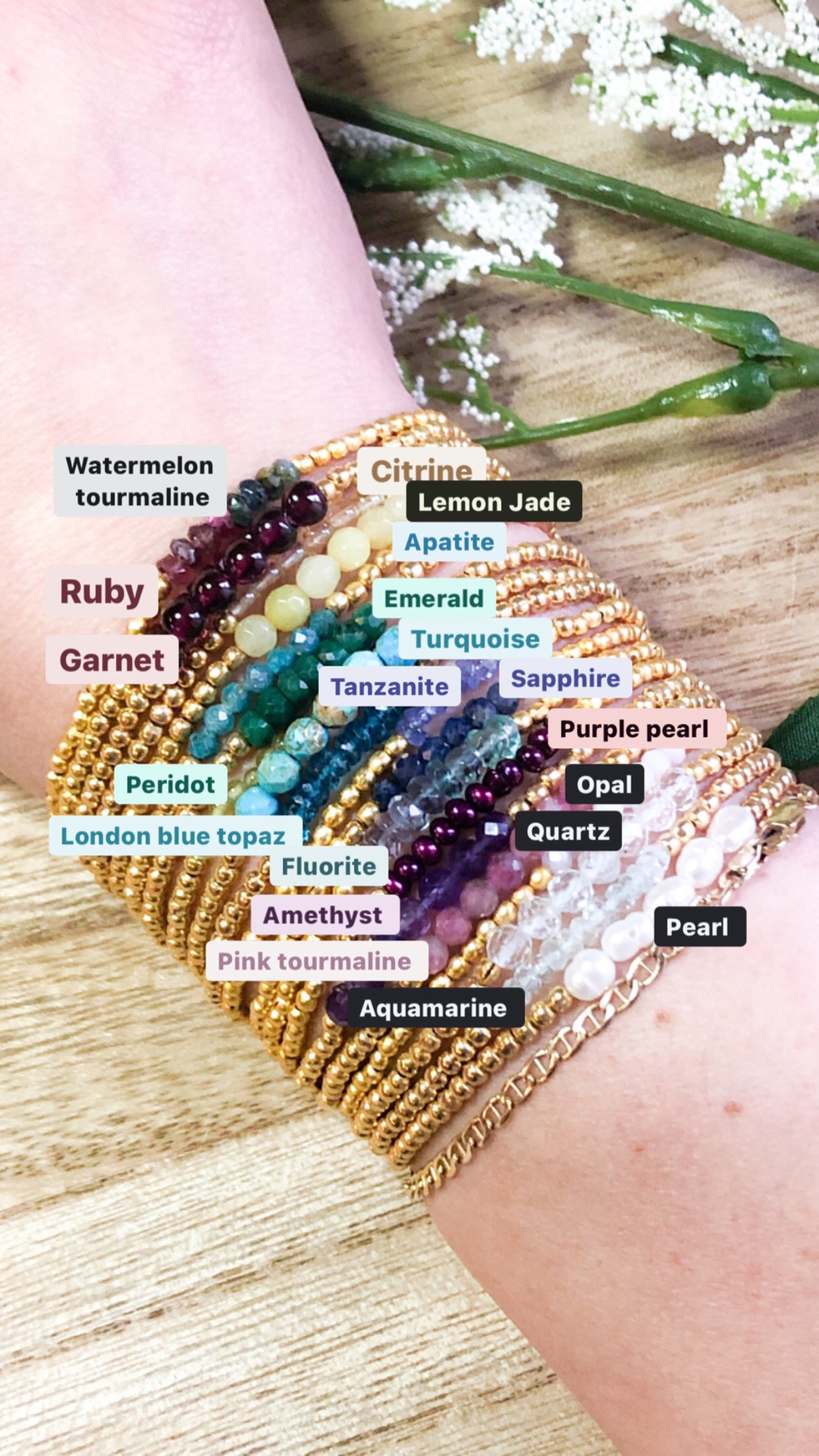Gemstone necklace in gold or silver