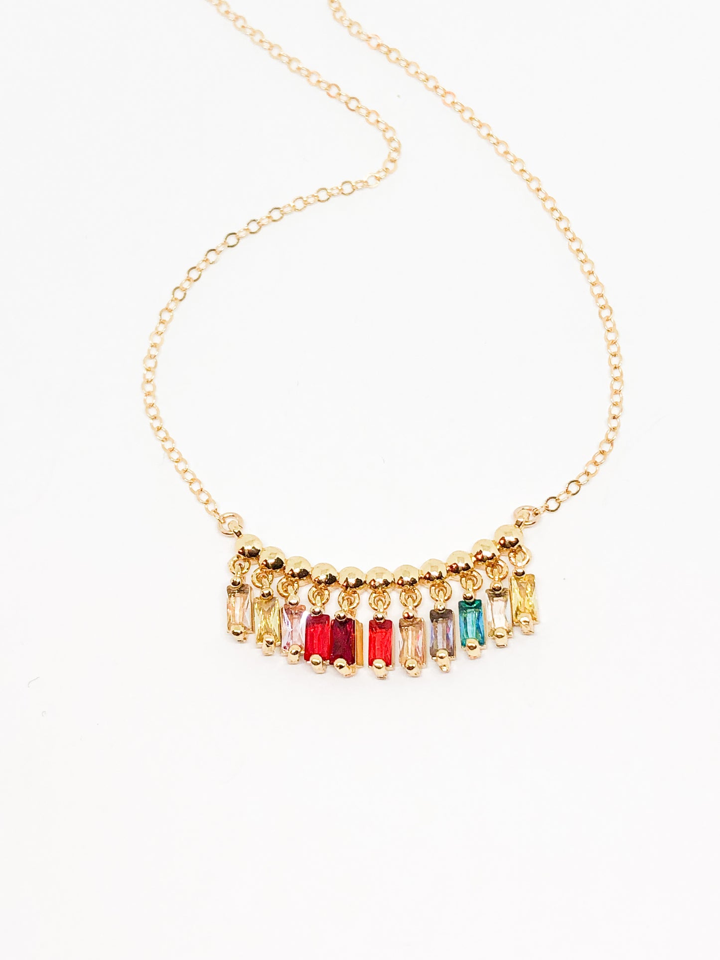 Rainbow necklace with rhinestone dangles
