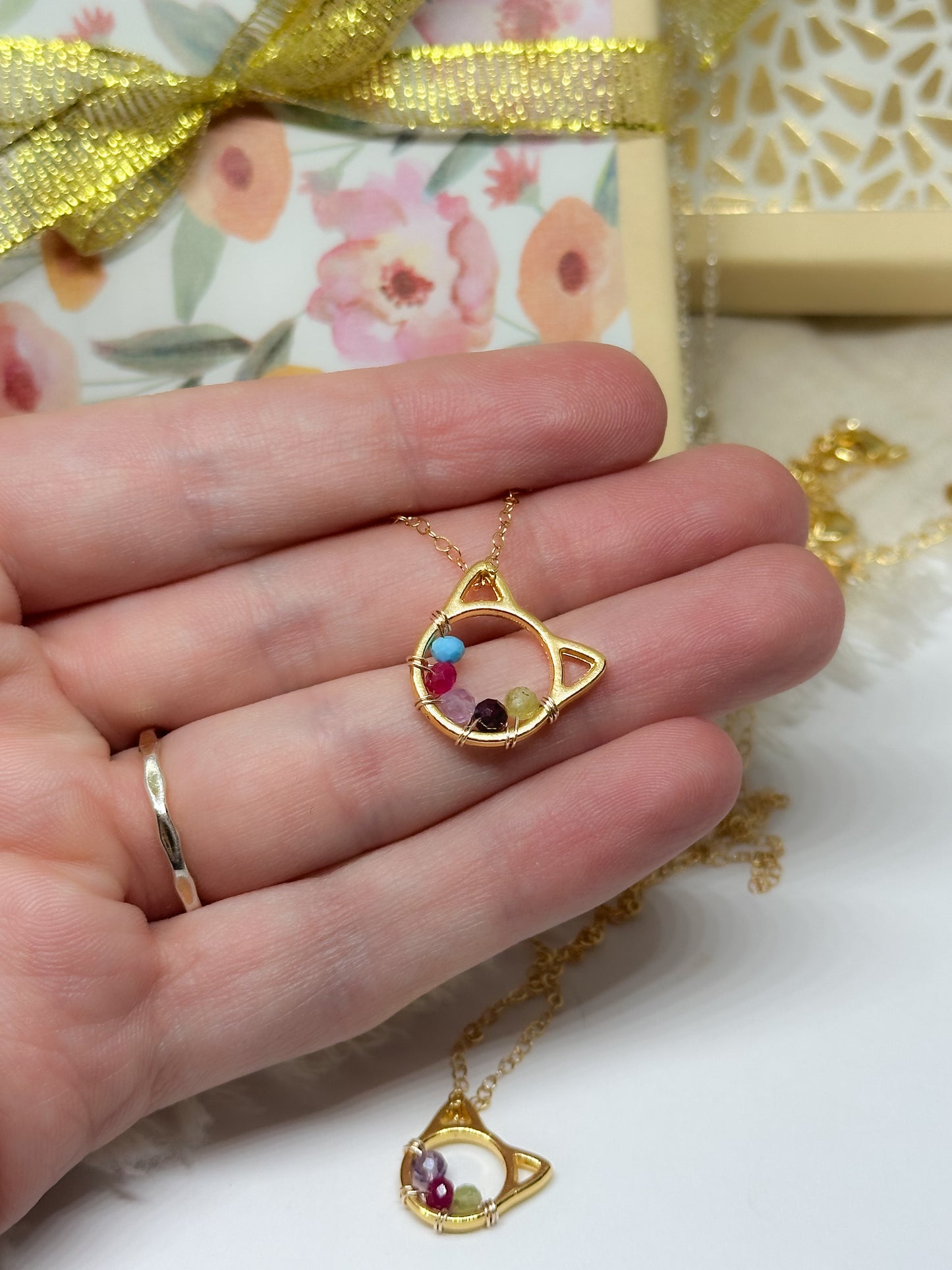 Cat family birthstone necklace