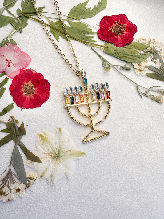 Fancy Rainbow Menorah Necklace