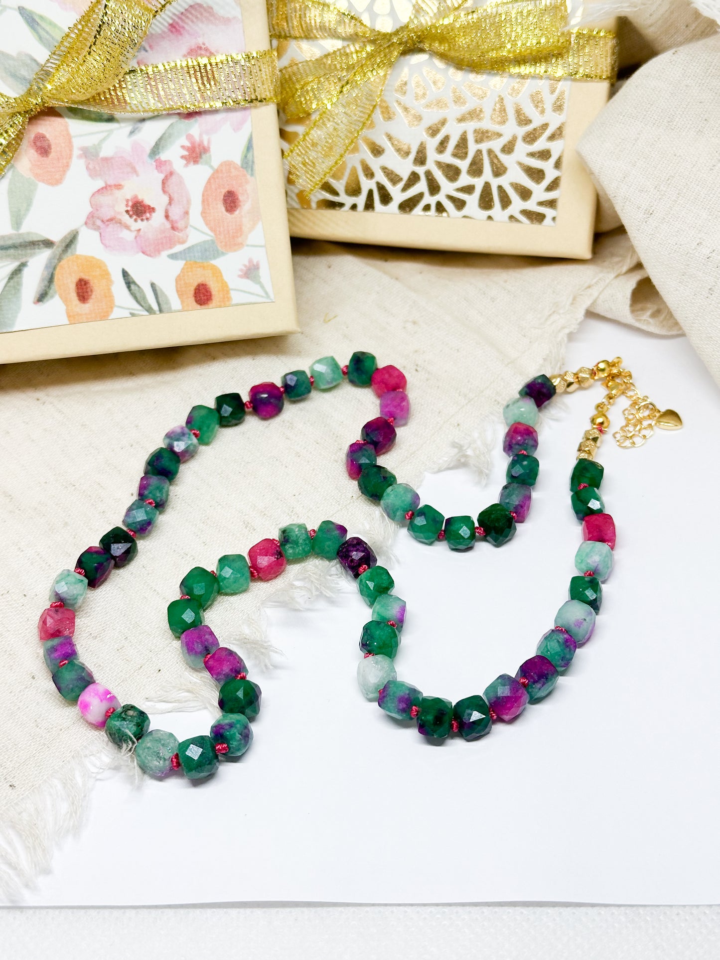 Pink & green gemstone necklace