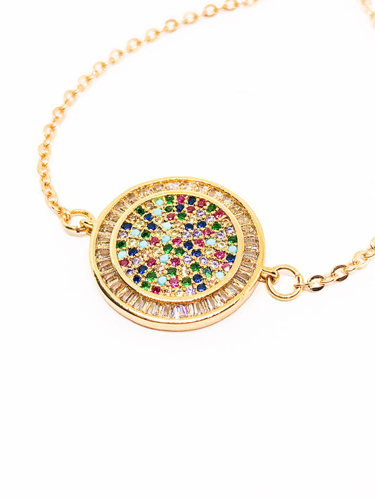 Rainbow rhinestone necklace in gold or silver